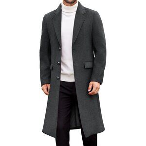 Men’s Long Trench Coat Single-Breasted Wool Blend Overcoat Gray Notched Collar